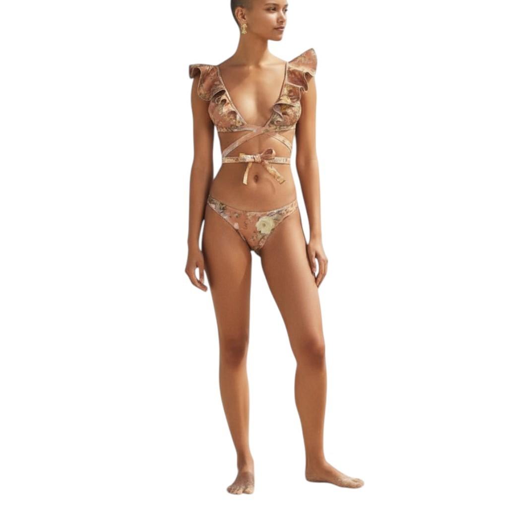 Zimmermann Tallow Wrap Ruffle Bikini | Spliced Floral, Low Rise Bottoms, Frills