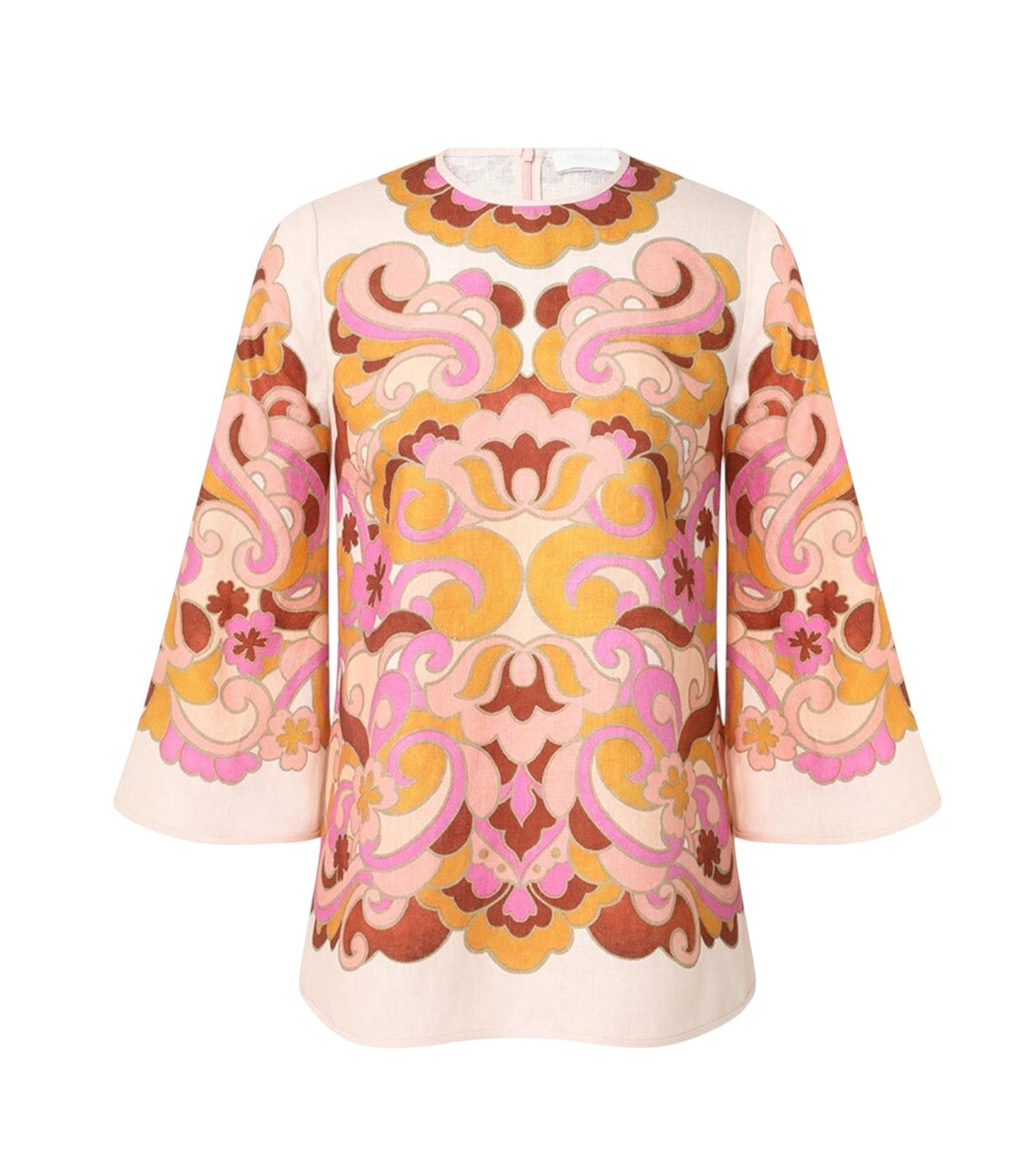 Zimmermann Acadian Tunic Top| Pink/Tan/White Paisley, Linen, Flared Sleeves