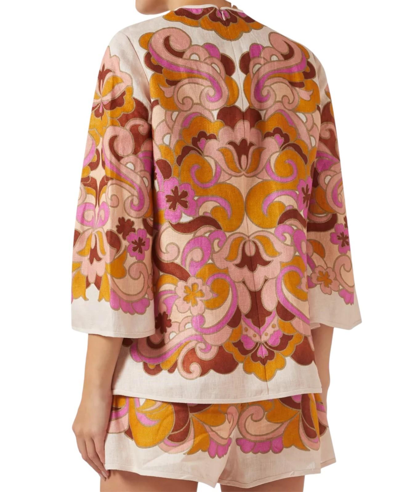 Zimmermann Acadian Tunic Top| Pink/Tan/White Paisley, Linen, Flared Sleeves