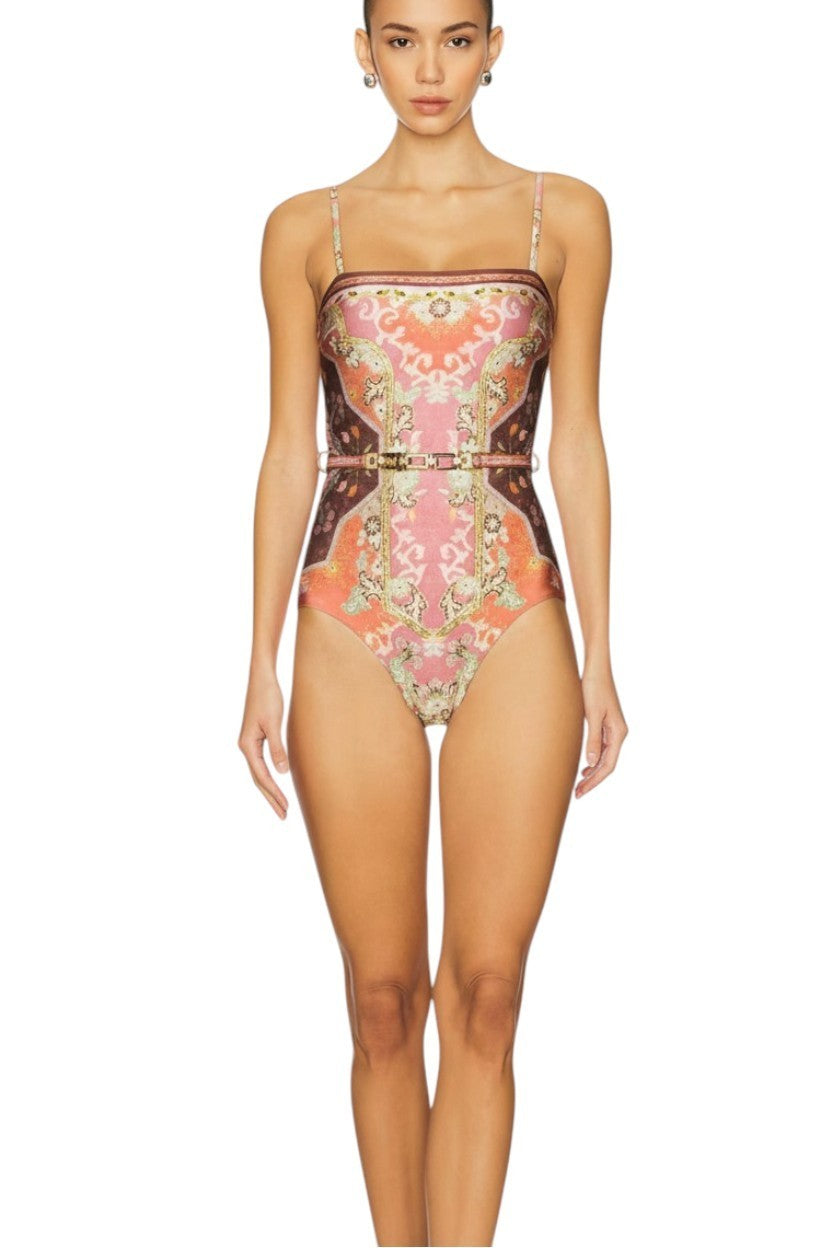 Zimmermann Wylie Bandeau Belted One Piece | Rust Paisley, Full Coverage, Belted