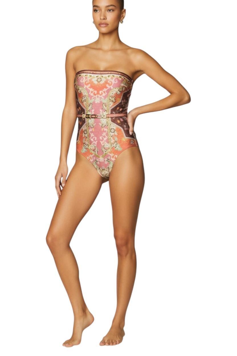 Zimmermann Wylie Bandeau Belted One Piece | Rust Paisley, Full Coverage, Belted