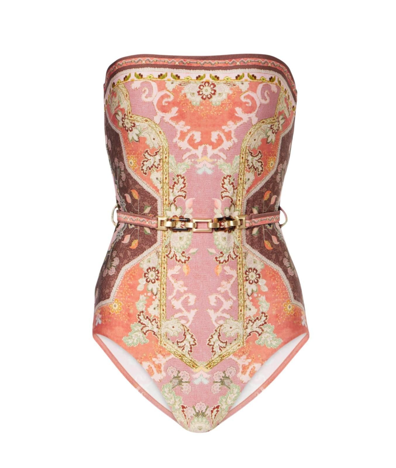 Zimmermann Wylie Bandeau Belted One Piece | Rust Paisley, Full Coverage, Belted