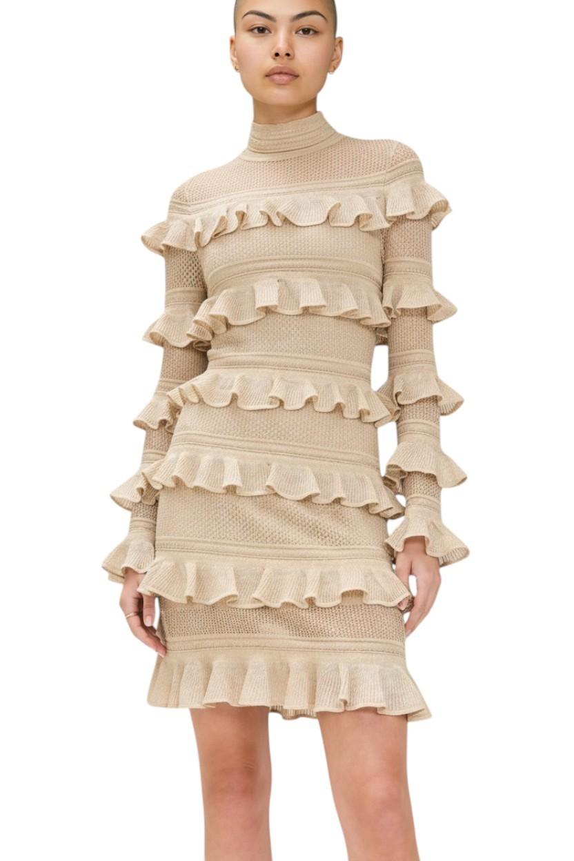 Zimmermann Illuminate Metallic Frill Mini Dress | Gold/Beige, Knitted, Tiered,