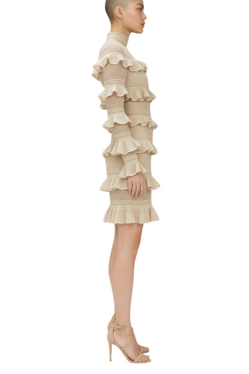 Zimmermann Illuminate Metallic Frill Mini Dress | Gold/Beige, Knitted, Tiered,
