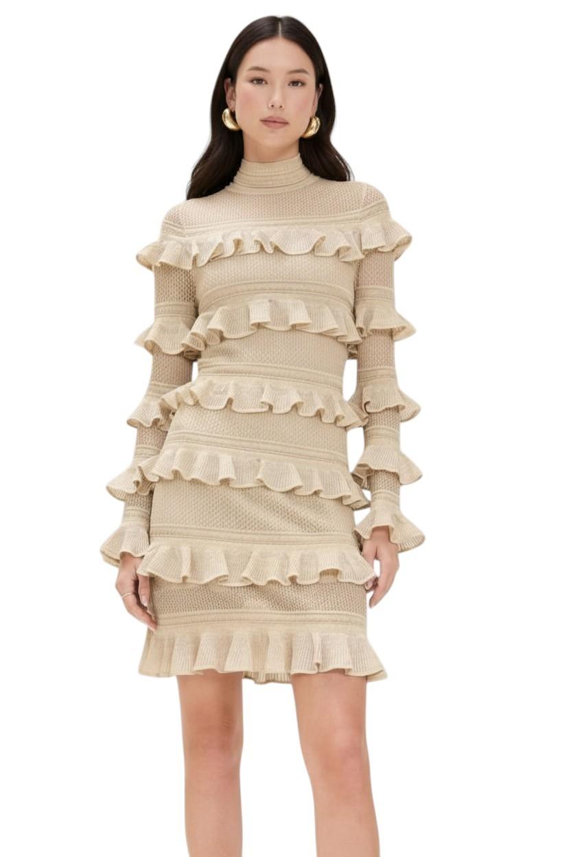 Zimmermann Illuminate Metallic Frill Mini Dress | Gold/Beige, Knitted, Tiered,