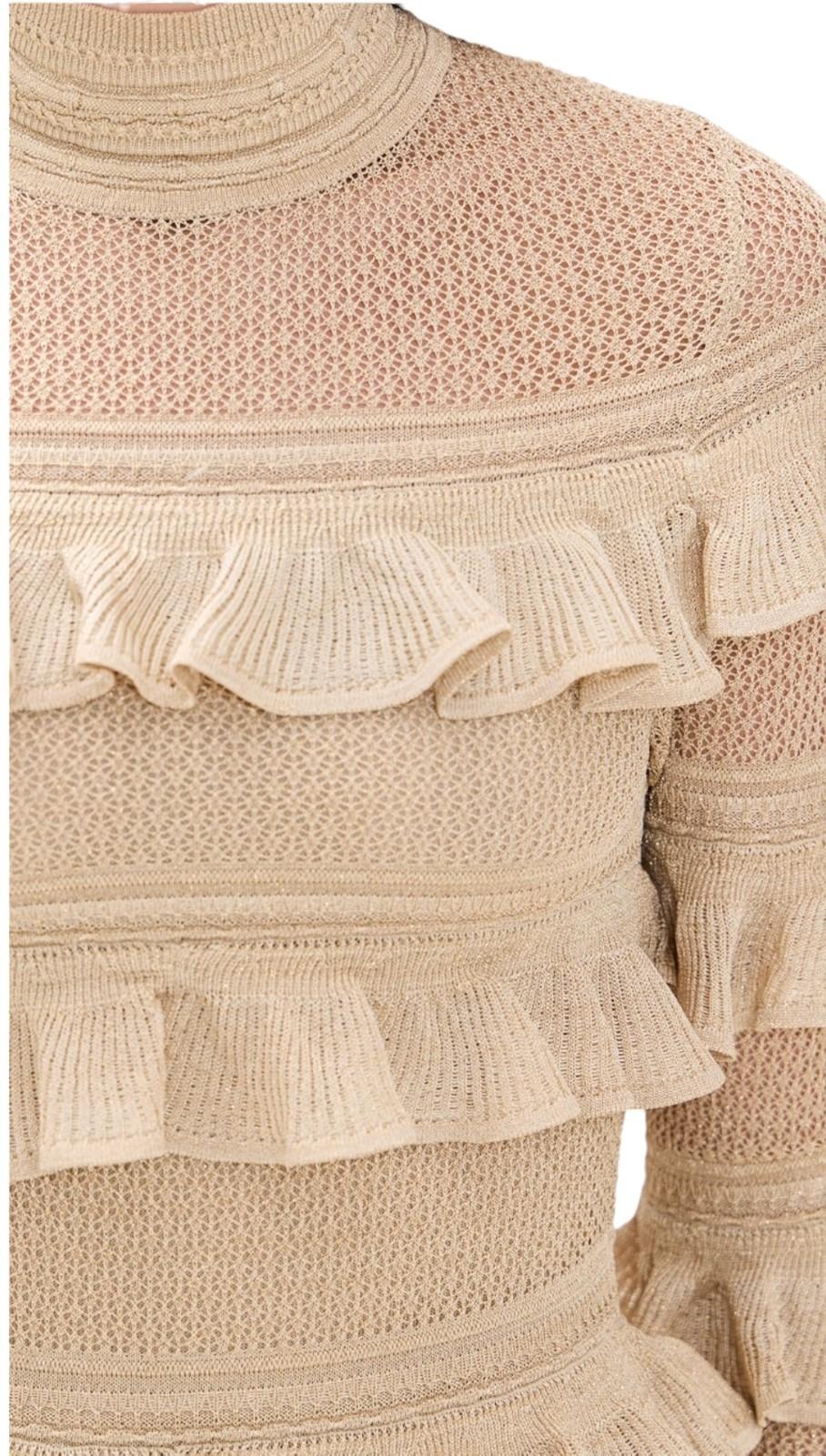 Zimmermann Illuminate Metallic Frill Mini Dress | Gold/Beige, Knitted, Tiered,