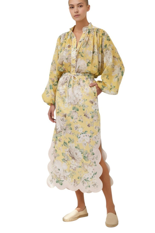 Zimmermann Acacia Scallop midi skirt |Yellow /White Floral, Elastic Waist, Linen