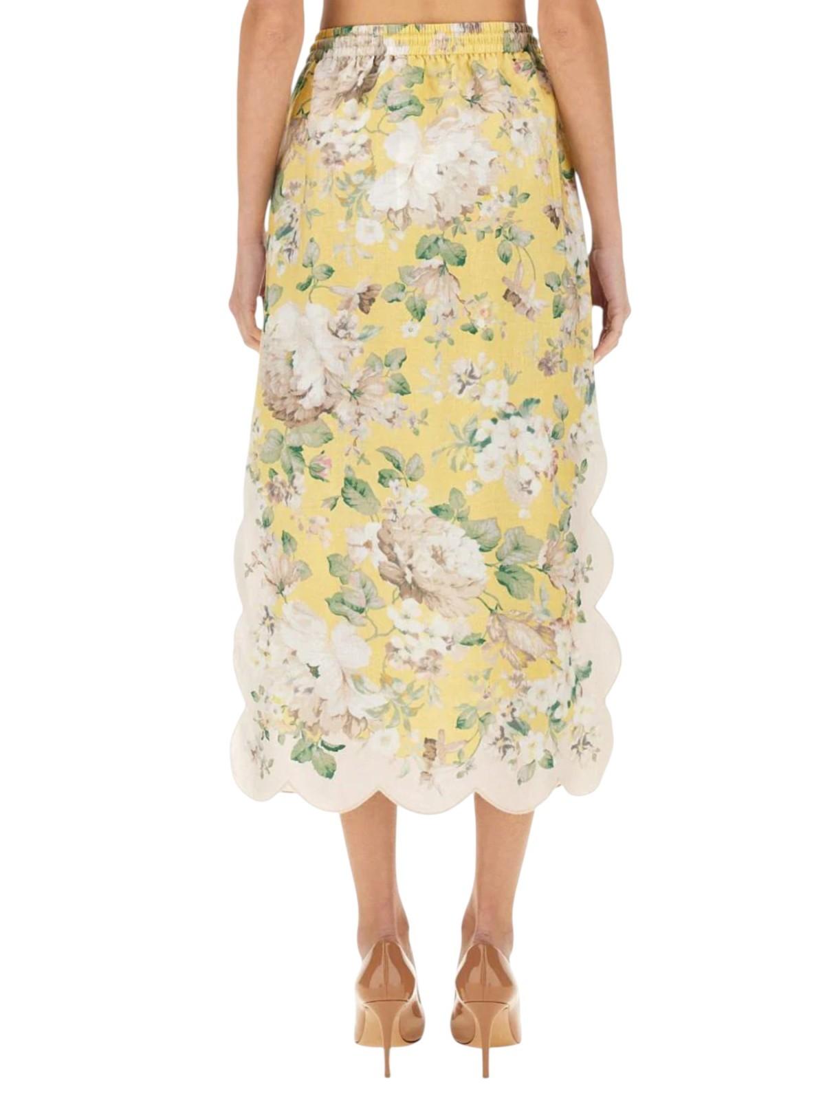 Zimmermann Acacia Scallop midi skirt |Yellow /White Floral, Elastic Waist, Linen