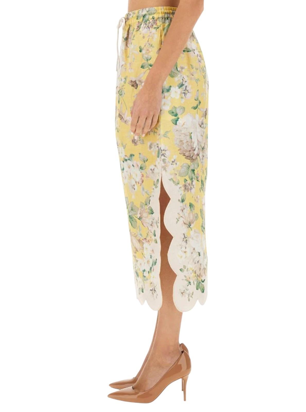 Zimmermann Acacia Scallop midi skirt |Yellow /White Floral, Elastic Waist, Linen