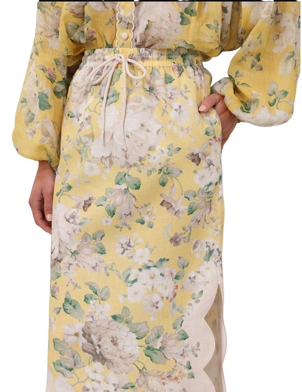 Zimmermann Acacia Scallop midi skirt |Yellow /White Floral, Elastic Waist, Linen