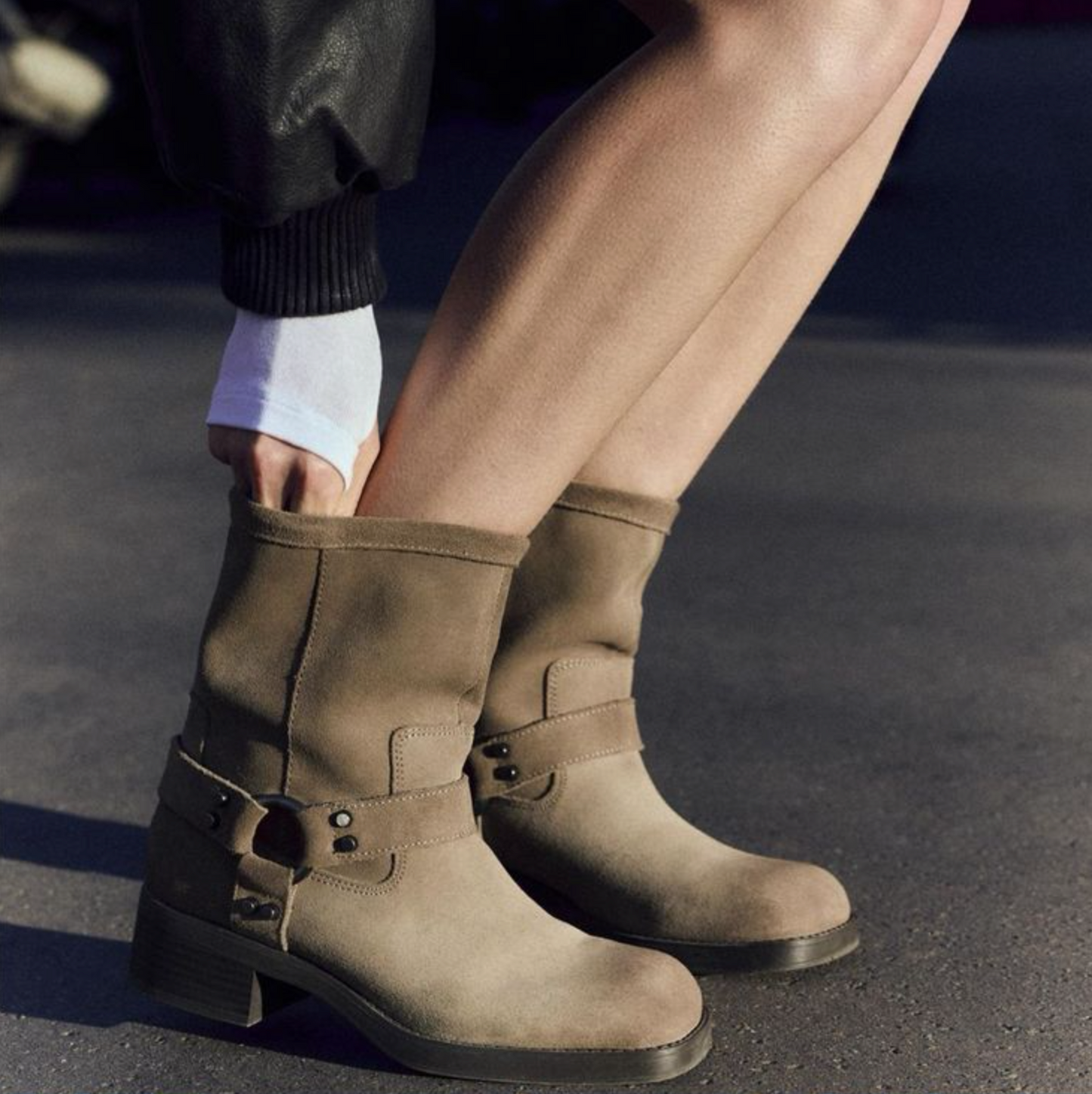 ZARA Suede Biker Boots | Camel/Taupe/Beige, Sz 40, Ankle Height, Square Toe