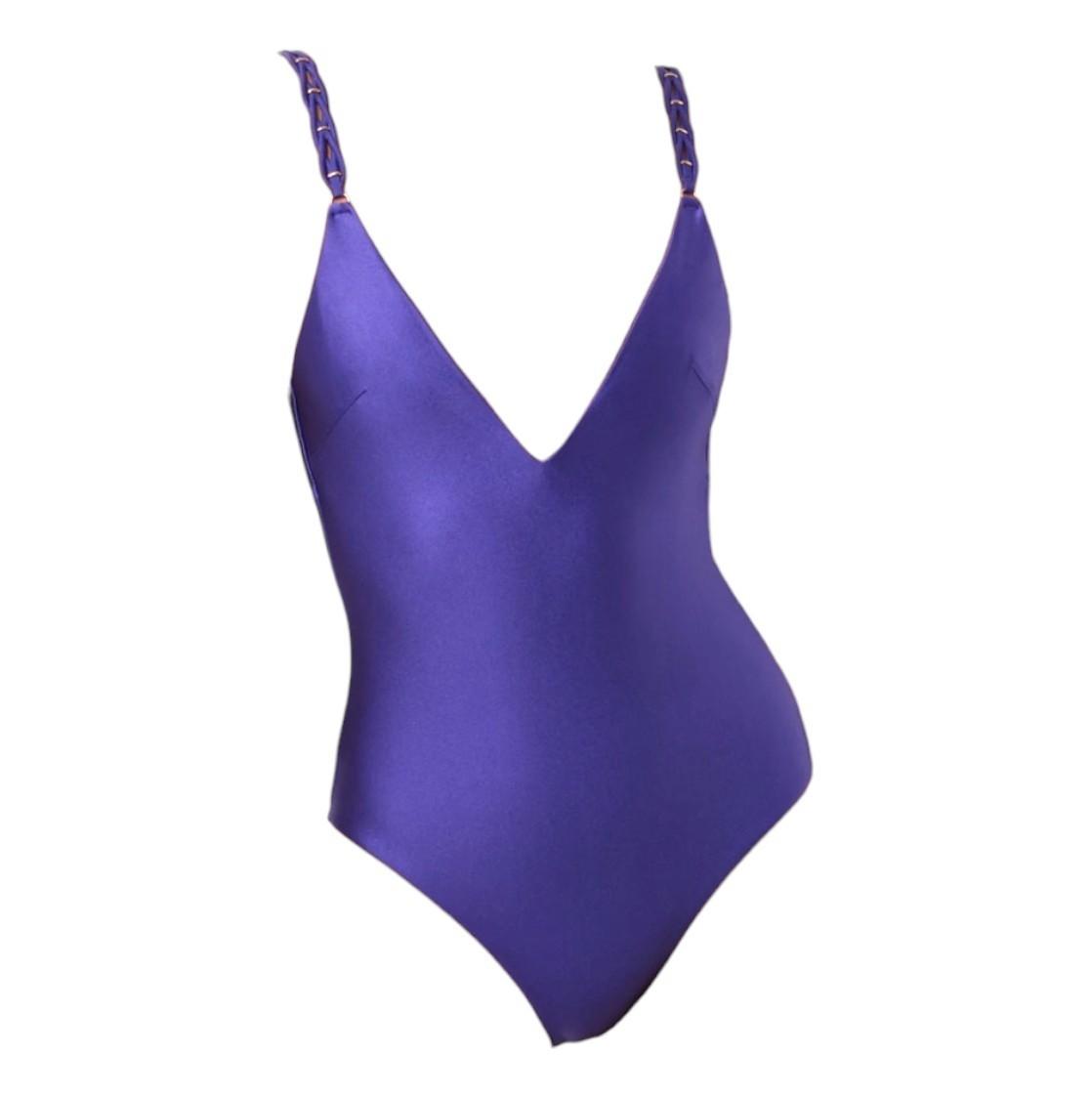 Zimmermann Pop Braided Strap One Piece | Purple, Low V Neck, Scoop, Low Back