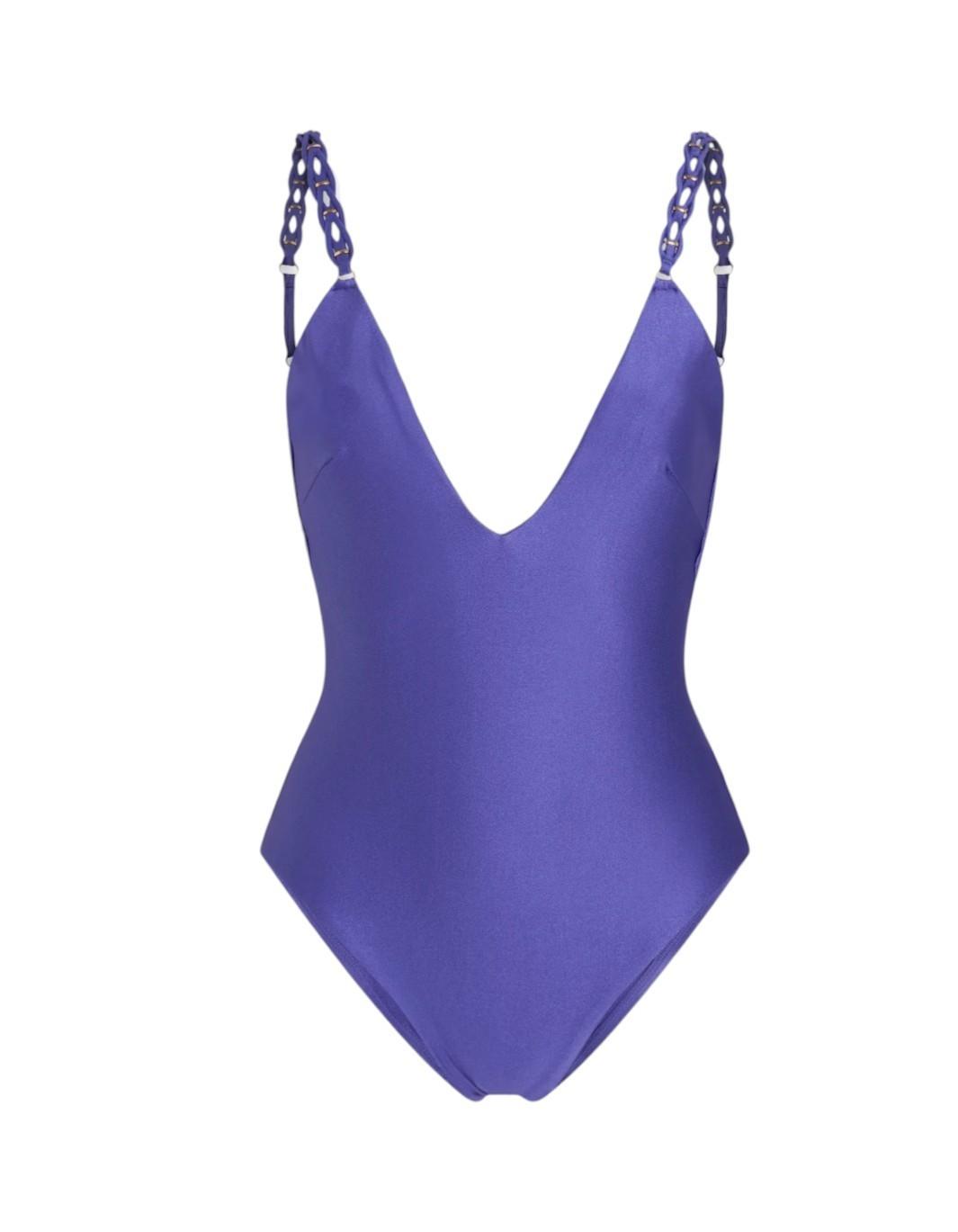 Zimmermann Pop Braided Strap One Piece | Purple, Low V Neck, Scoop, Low Back