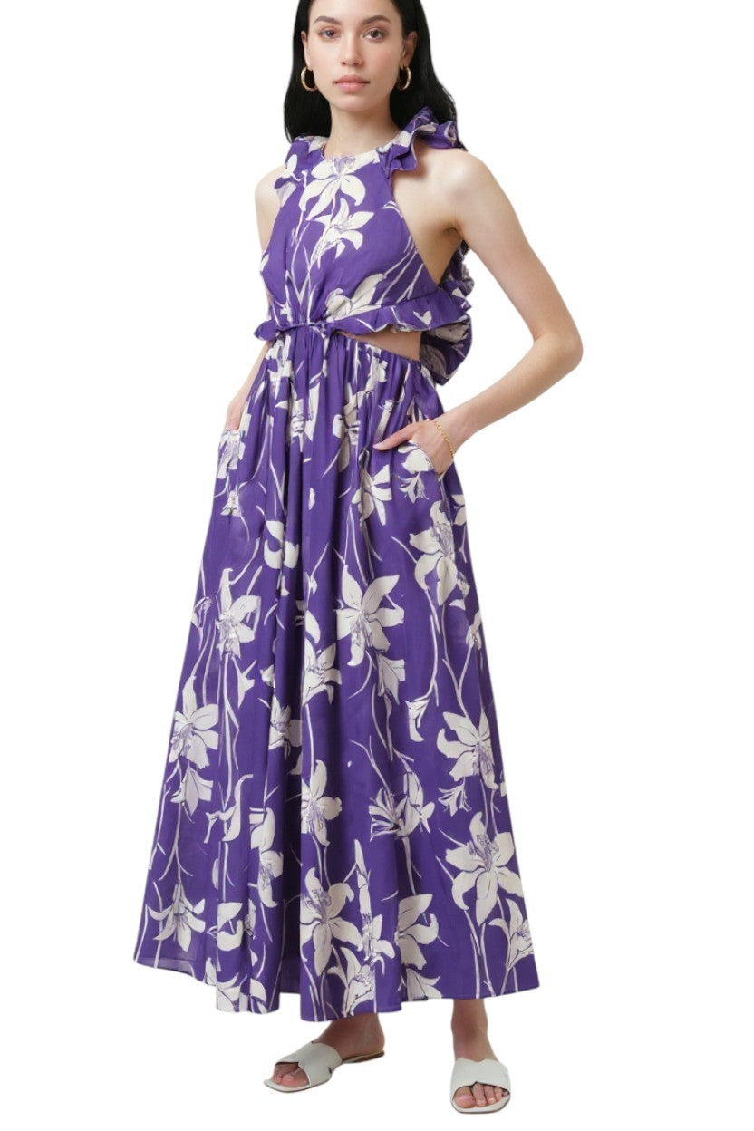 Zimmermann Acadian Ruffle Maxi Dress |Purple/Blue/White Floral, Backless, Cotton