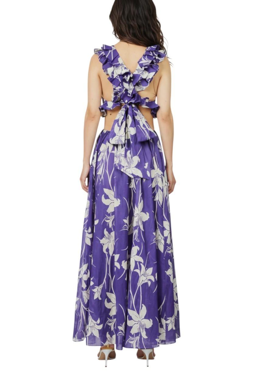 Zimmermann Acadian Ruffle Maxi Dress |Purple/Blue/White Floral, Backless, Cotton