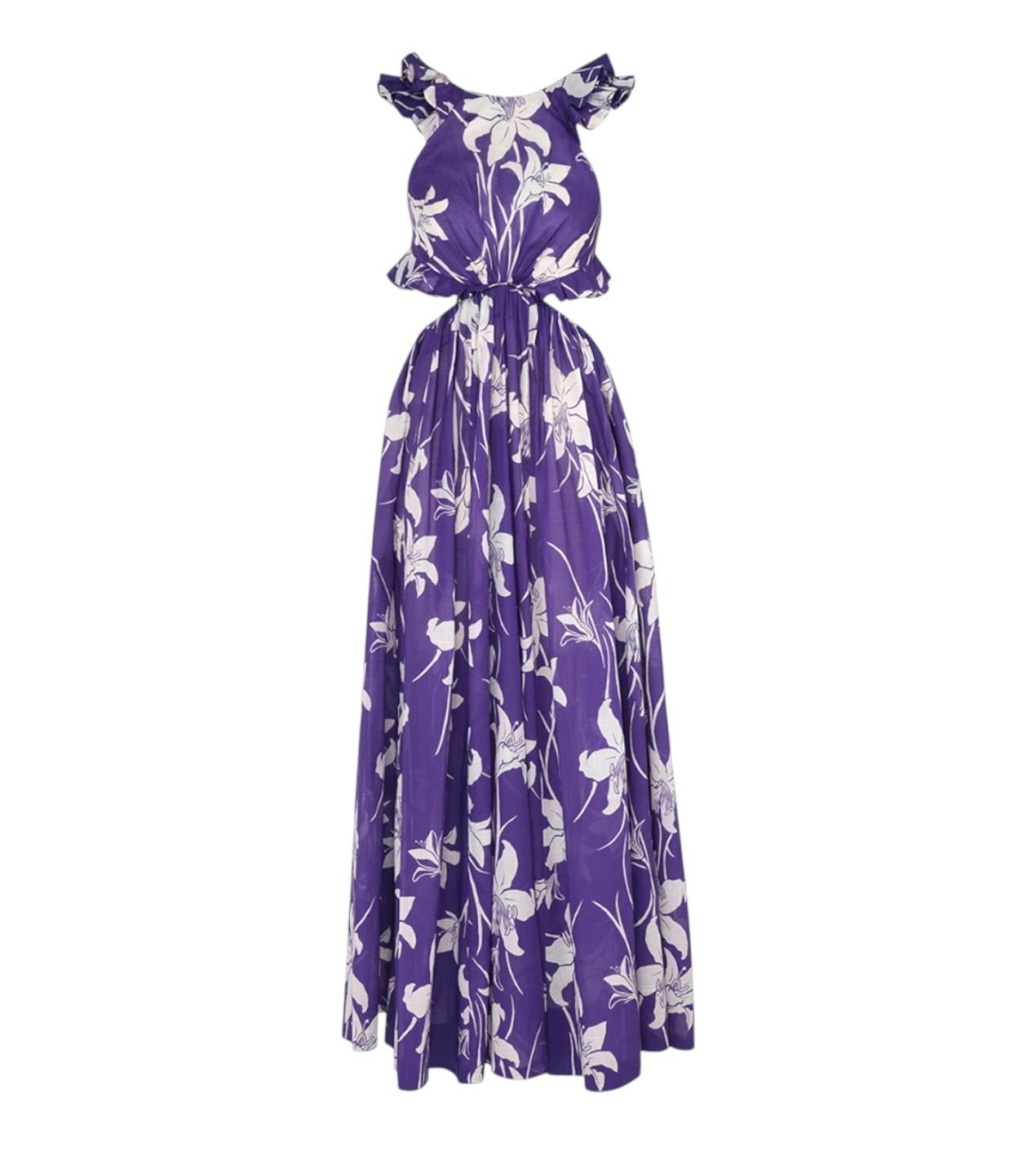 Zimmermann Acadian Ruffle Maxi Dress |Purple/Blue/White Floral, Backless, Cotton