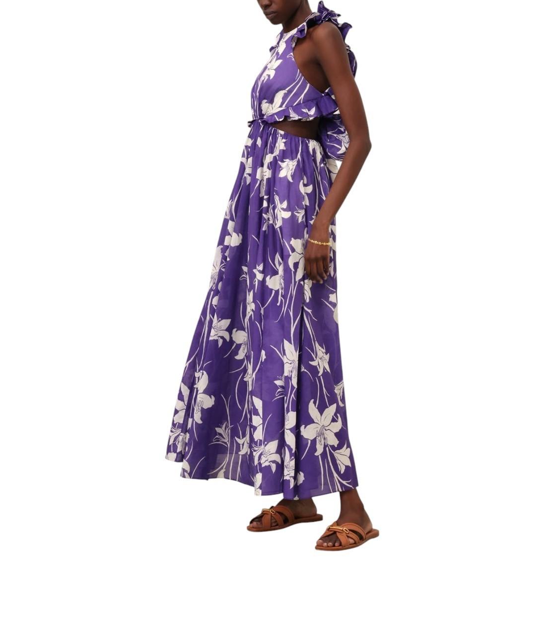 Zimmermann Acadian Ruffle Maxi Dress |Purple/Blue/White Floral, Backless, Cotton