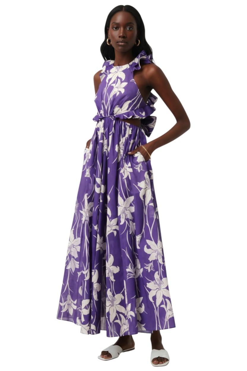 Zimmermann Acadian Ruffle Maxi Dress |Purple/Blue/White Floral, Backless, Cotton