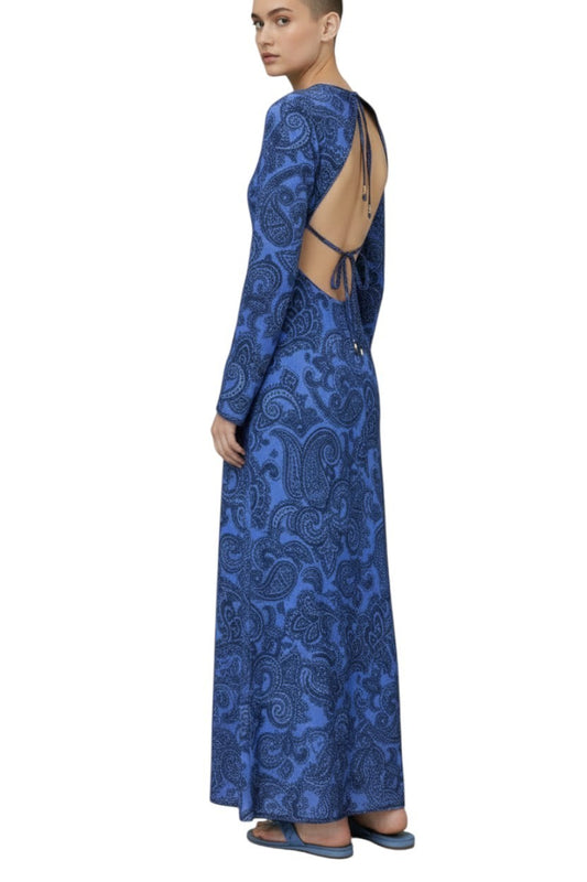 Zimmermann Ottie Bias Backless Dress | Maxi, Blue Paisley, Long Sleeve, Tie Back