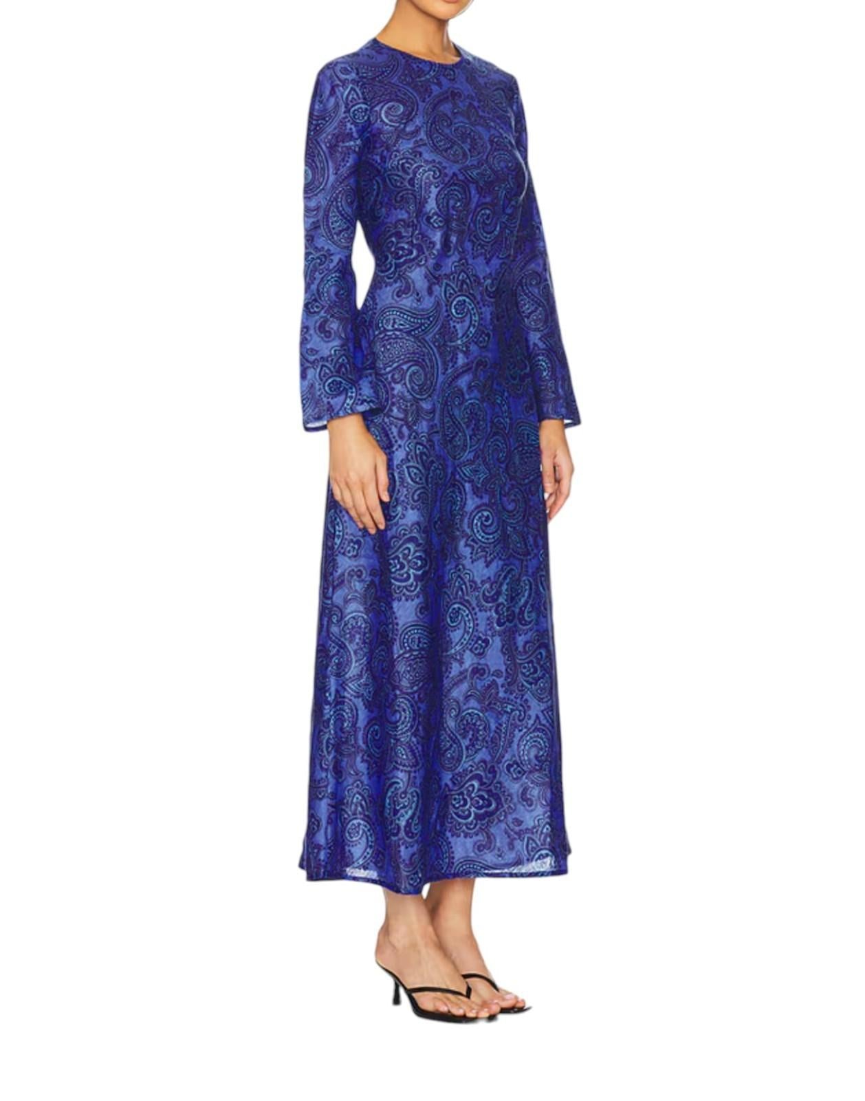 Zimmermann Ottie Bias Backless Dress | Maxi, Blue Paisley, Long Sleeve, Tie Back