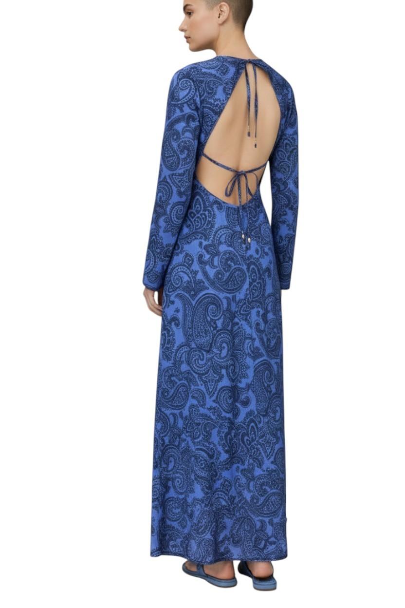 Zimmermann Ottie Bias Backless Dress | Maxi, Blue Paisley, Long Sleeve, Tie Back