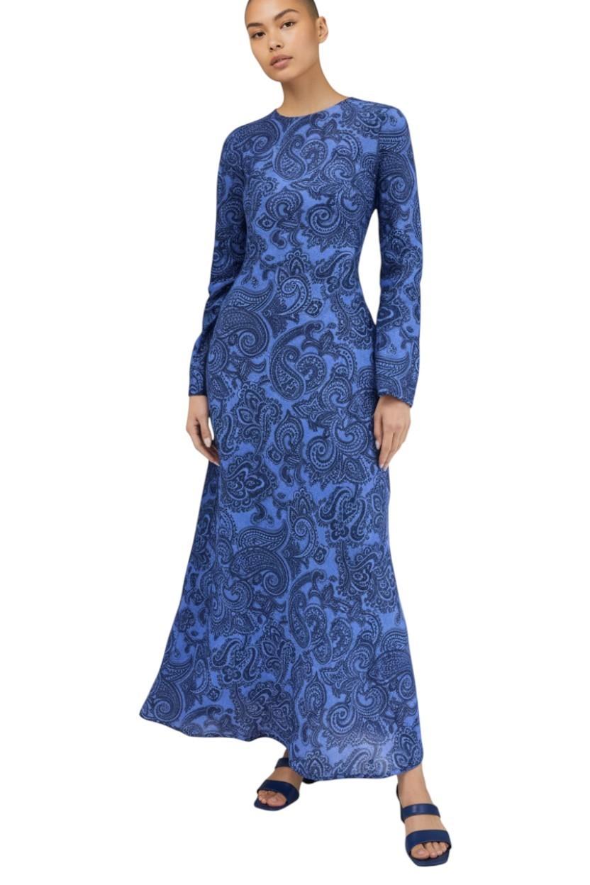 Zimmermann Ottie Bias Backless Dress | Maxi, Blue Paisley, Long Sleeve, Tie Back