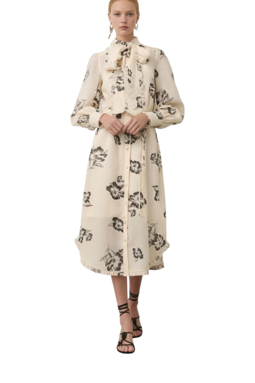 Zimmermann Printed Ruffle Midi Dress | Cream/Black Poppy Floral, Belt, Ramie