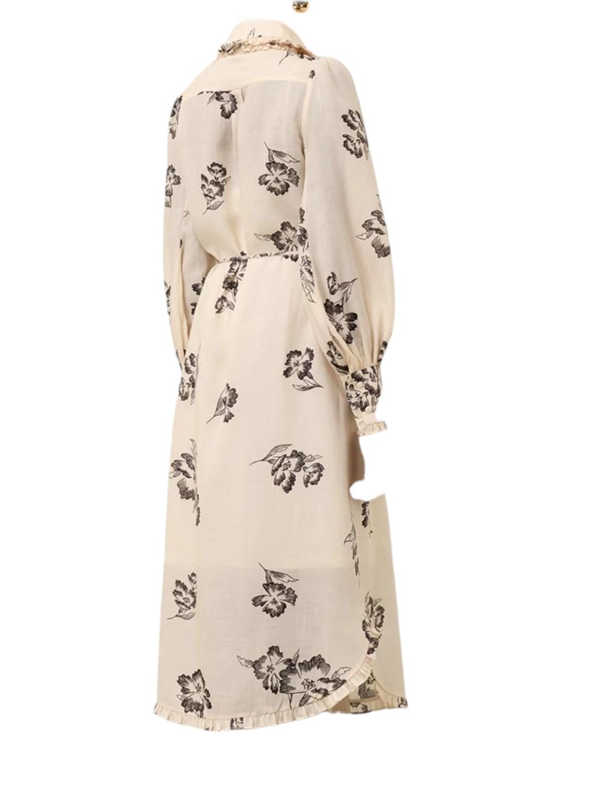 Zimmermann Printed Ruffle Midi Dress | Cream/Black Poppy Floral, Belt, Ramie