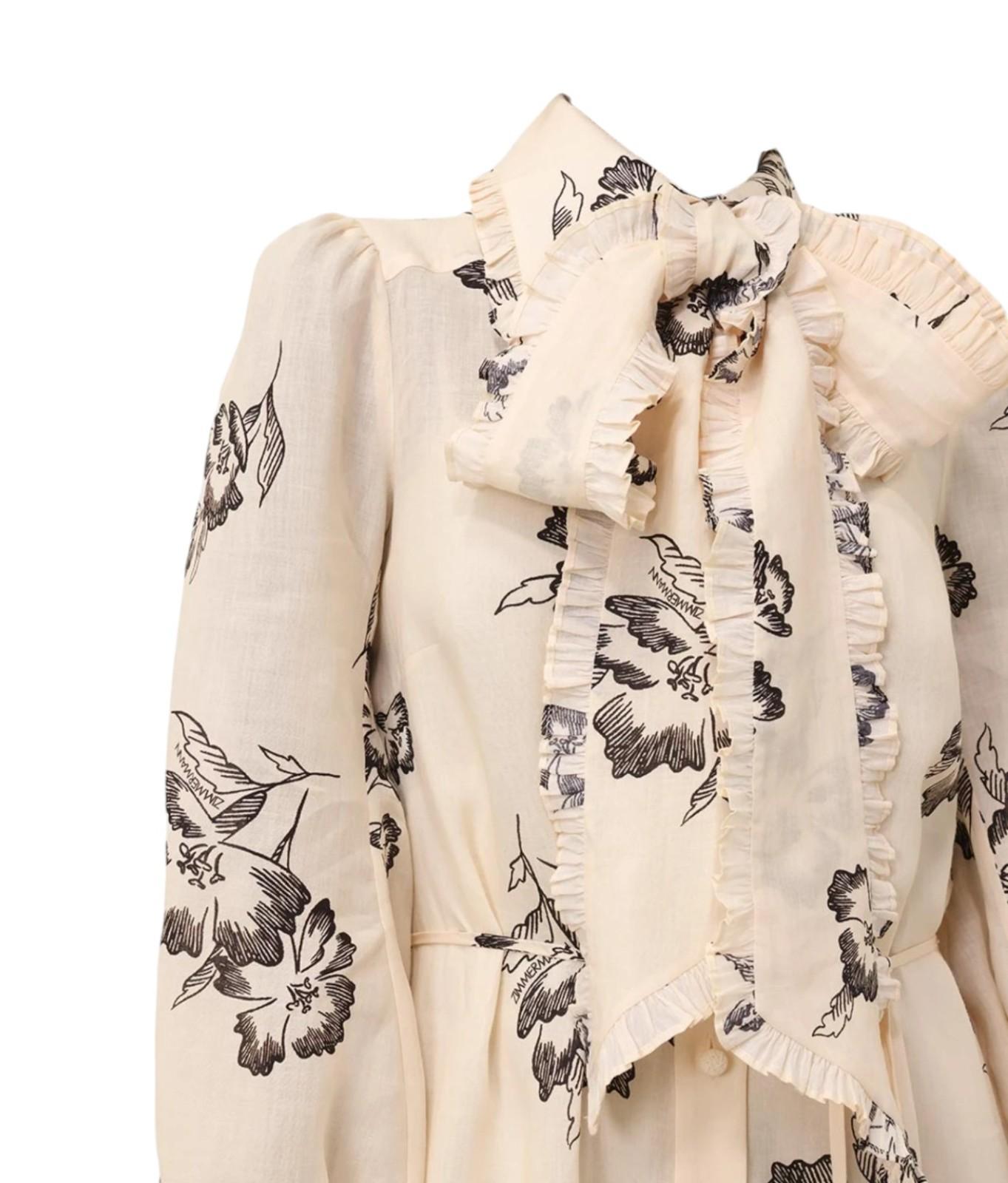 Zimmermann Printed Ruffle Midi Dress | Cream/Black Poppy Floral, Belt, Ramie