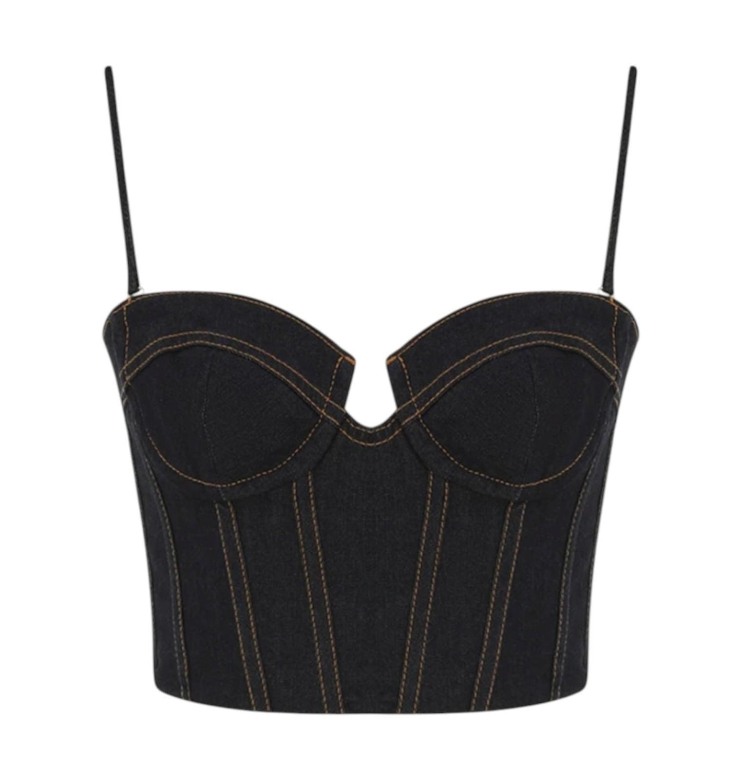 Black denim corset top with thin straps on a white background