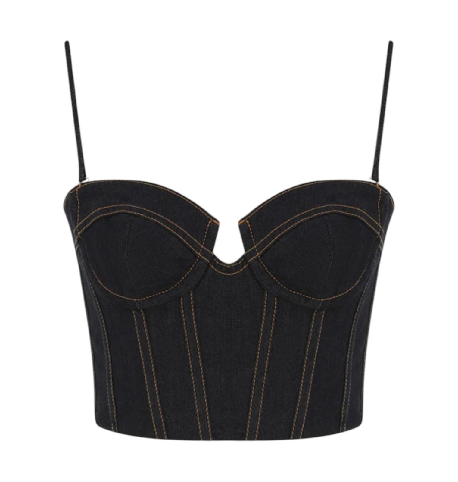 Black denim corset top with thin straps on a white background