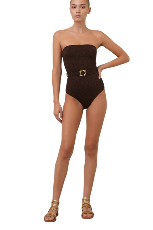 Zimmermann Acacia Textured Bandeau One Piece | Brown, Full Coverage, Belted
