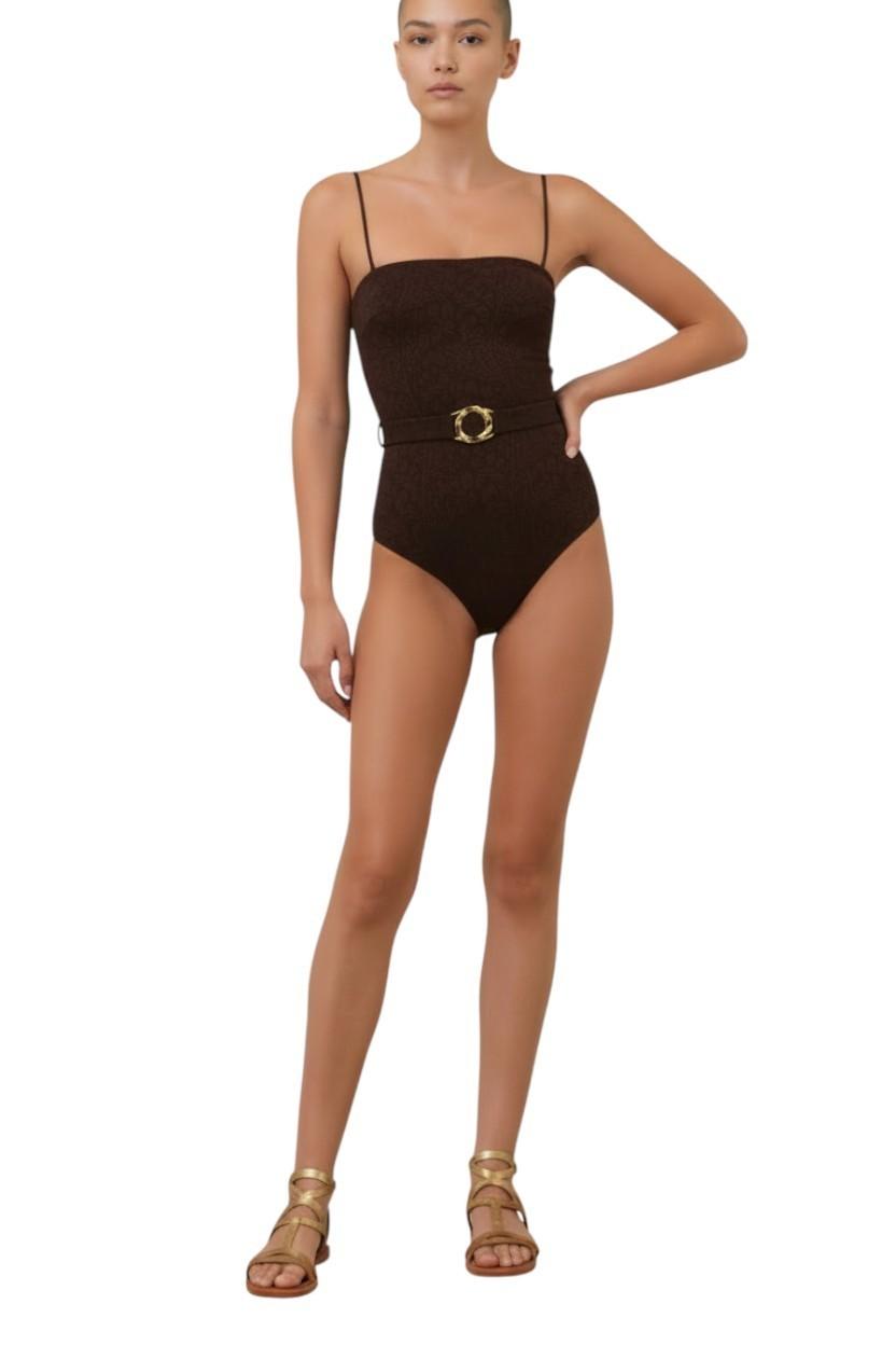 Zimmermann Acacia Textured Bandeau One Piece | Brown, Full Coverage, Belted