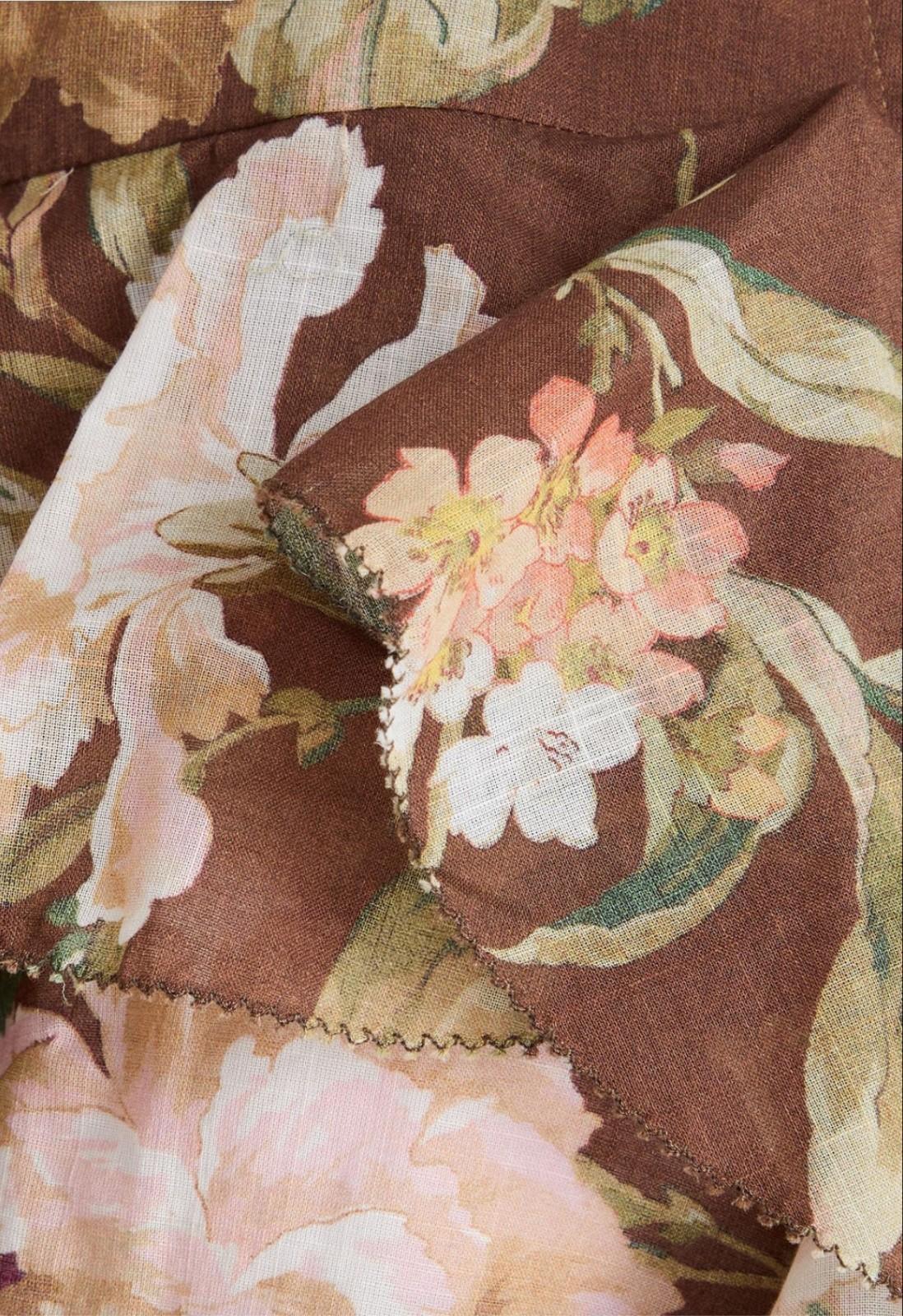 Zimmermann Acacia Ruffle Blouse | Chocolate Brown Floral, Cotton, Frills, Button