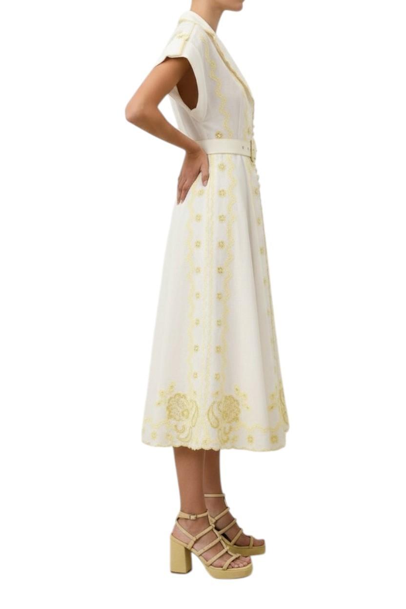 Zimmermann Lucky Embroidered Midi Dress | White/Yellow, Belt, Collar, Linen