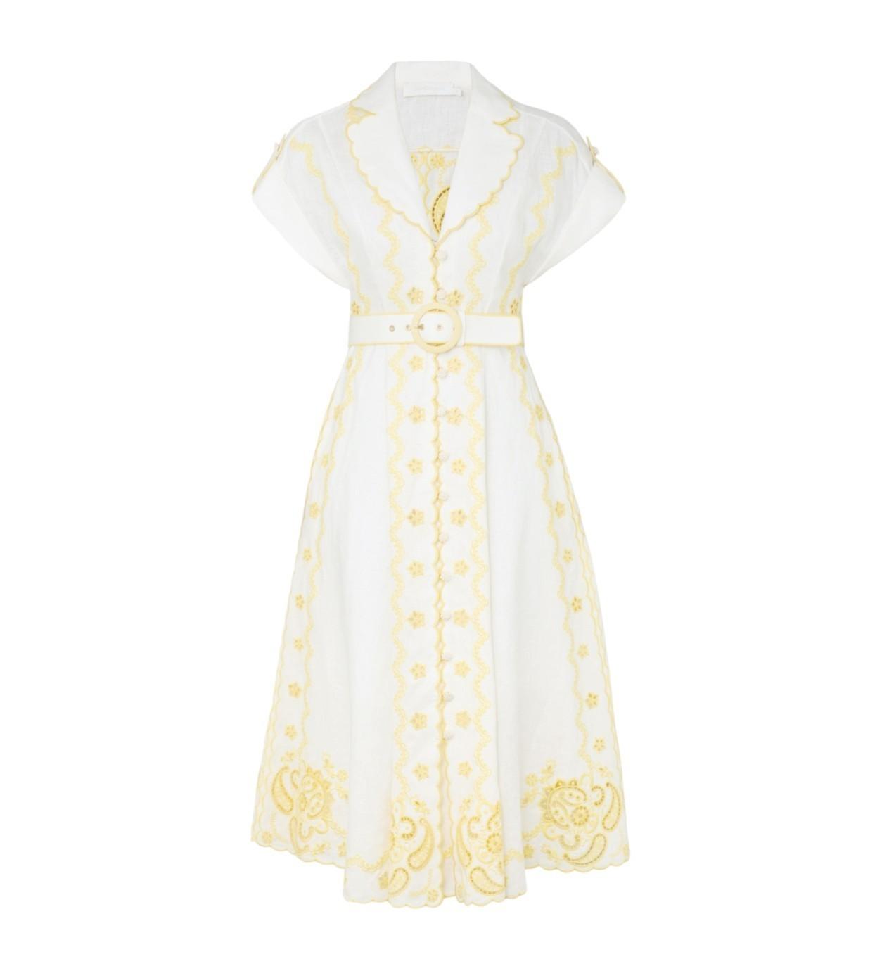 Zimmermann Lucky Embroidered Midi Dress | White/Yellow, Belt, Collar, Linen