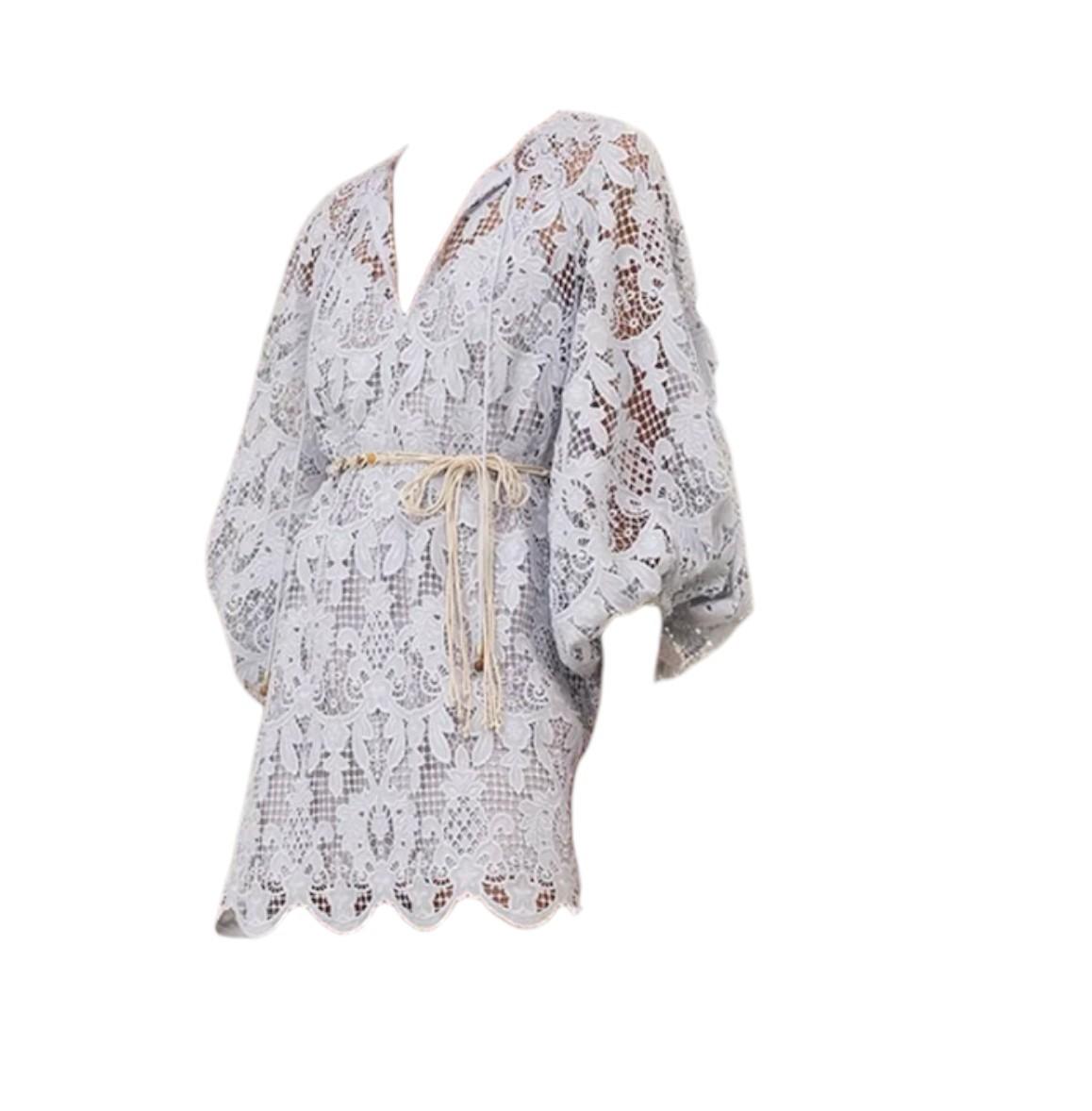 Zimmermann Coco Lace Tunic Dress | Powder Blue, Anglaise, Blouson Sleeve, Belt