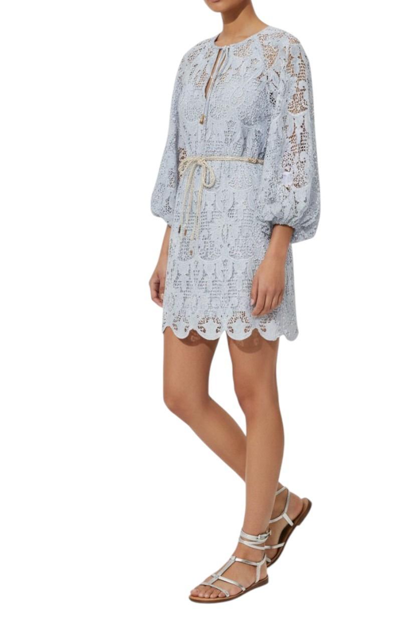 Zimmermann Coco Lace Tunic Dress | Powder Blue, Anglaise, Blouson Sleeve, Belt