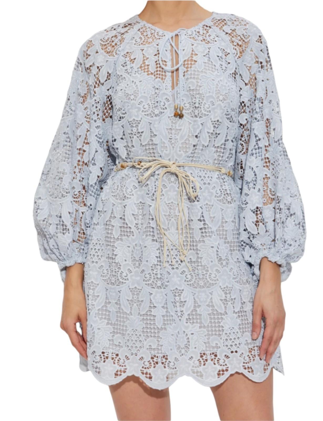 Zimmermann Coco Lace Tunic Dress | Powder Blue, Anglaise, Blouson Sleeve, Belt