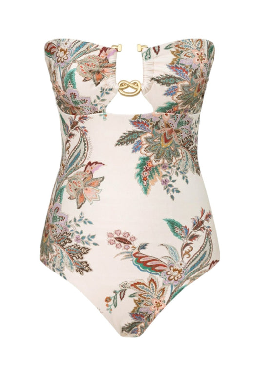 Zimmermann Rhiannon Knot Trim One Piece | White Paisley, Gold, Removable straps