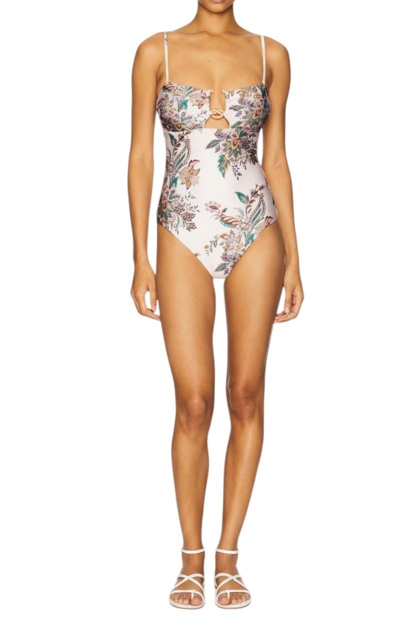 Zimmermann Rhiannon Knot Trim One Piece | White Paisley, Gold, Removable straps