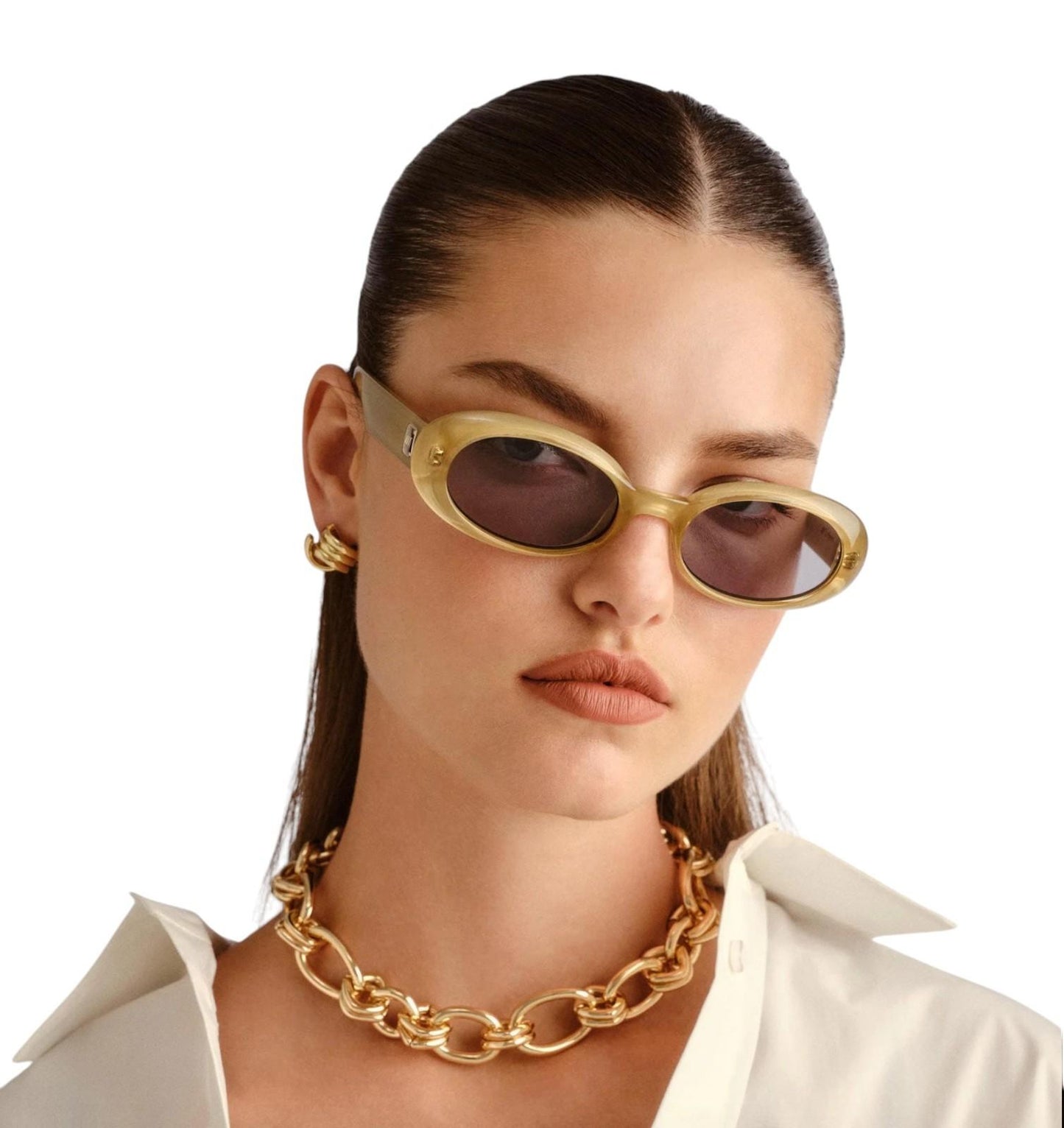 Le Specs Work It Sunglasses | Small Oval, Champagne Pearl, Grey Lenses, Acetate
