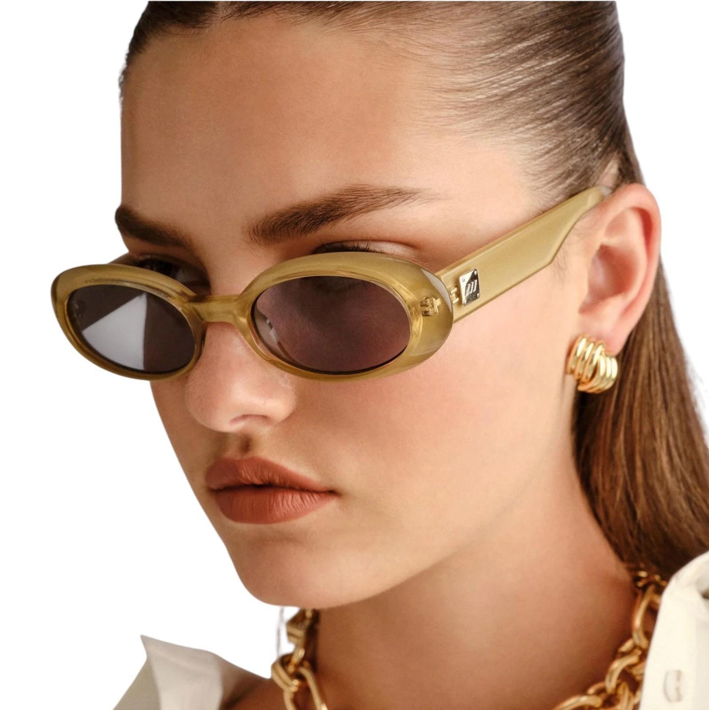 Le Specs Work It Sunglasses | Small Oval, Champagne Pearl, Grey Lenses, Acetate