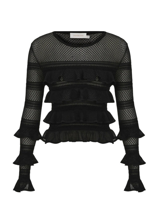 Zimmermann Illustration Frilled Top | Black, Beige, Long Sleeves, Sheer, Ruffles