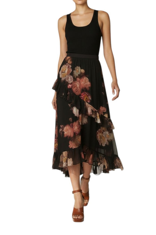 Zimmermann Hypnotic Asymmetric Midi Skirt | Floral, Black, Tiered, High Waist