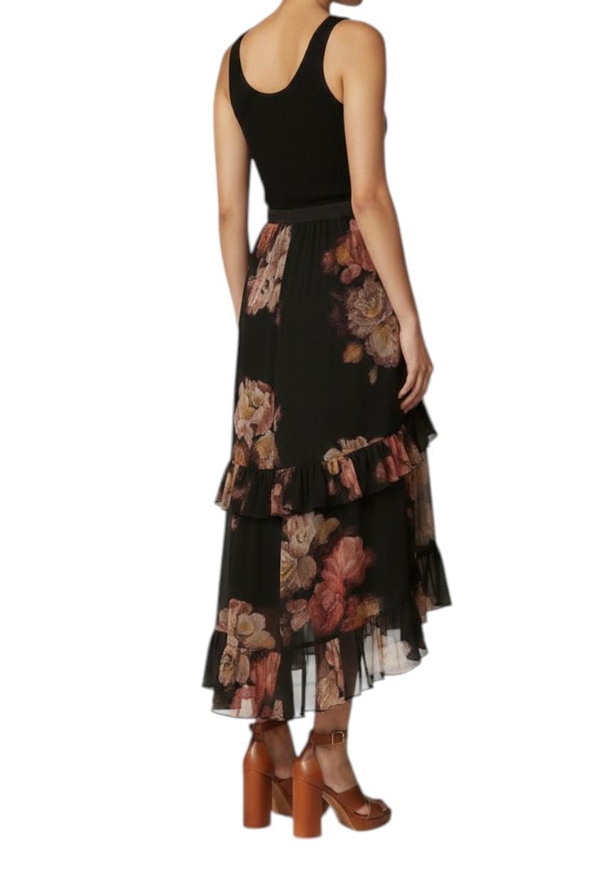 Zimmermann Hypnotic Asymmetric Midi Skirt | Floral, Black, Tiered, High Waist