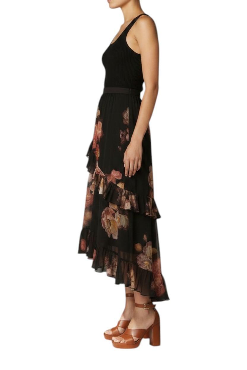 Zimmermann Hypnotic Asymmetric Midi Skirt | Floral, Black, Tiered, High Waist