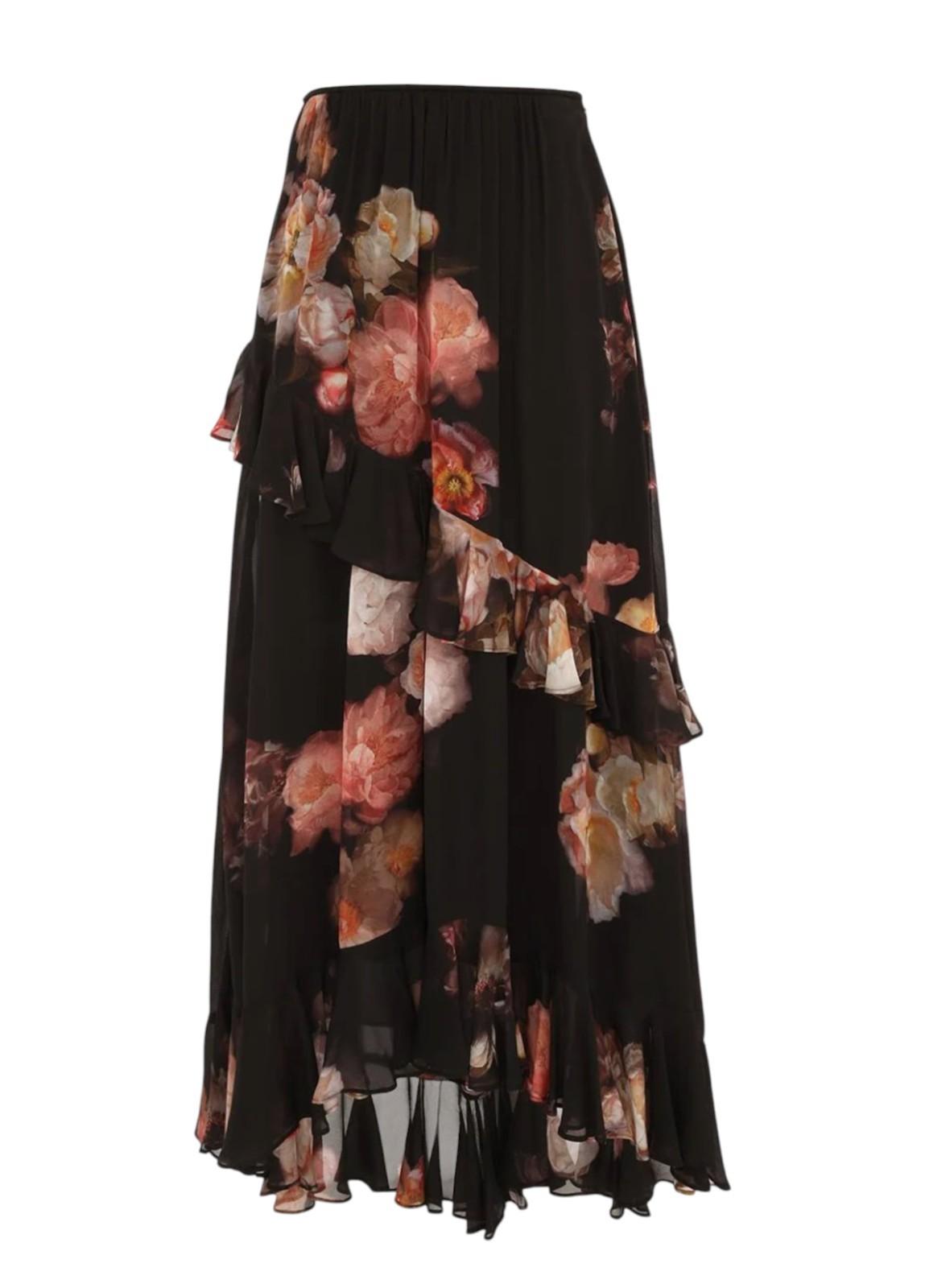 Zimmermann Hypnotic Asymmetric Midi Skirt | Floral, Black, Tiered, High Waist