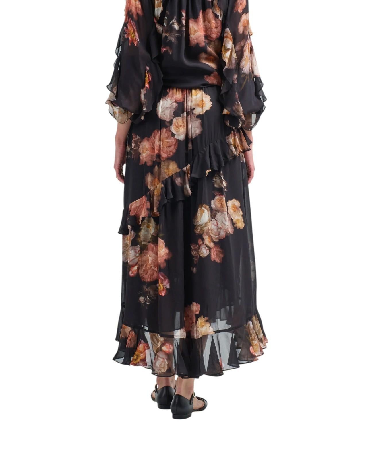 Zimmermann Hypnotic Asymmetric Midi Skirt | Floral, Black, Tiered, High Waist