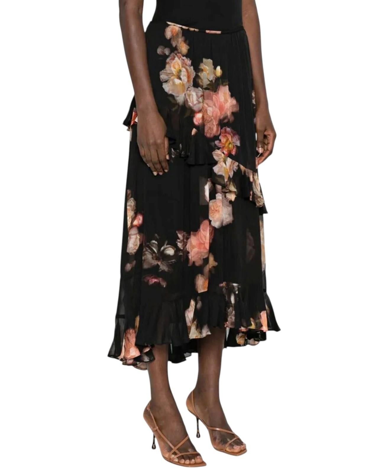 Zimmermann Hypnotic Asymmetric Midi Skirt | Floral, Black, Tiered, High Waist